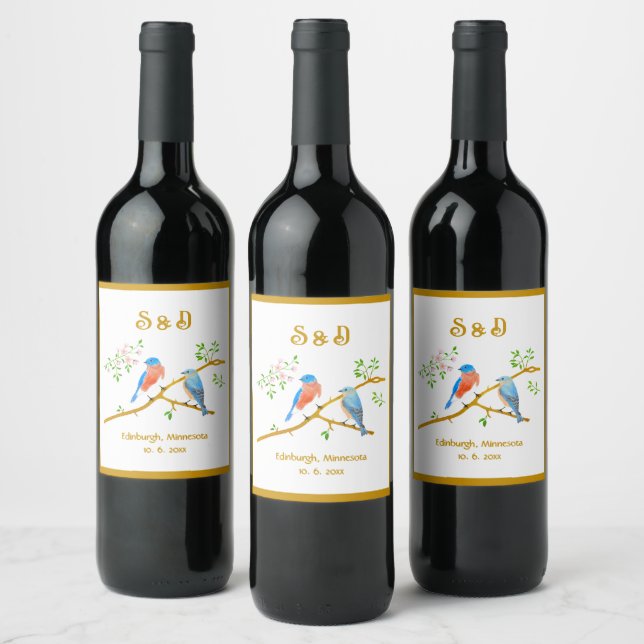 Bluebirds White Wedding Wine Labels Weinetikett (Flaschen)