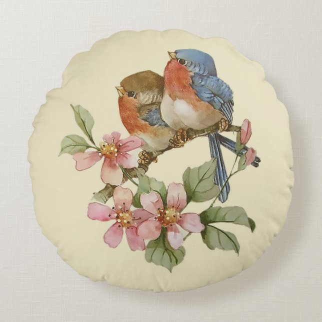 Bluebirts und Apfelblüten Rundes Kissen (Vorderseite)