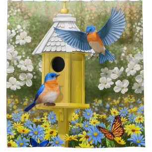Bluebirts und Birnengelb Duschvorhang