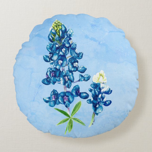 Bluebonnet auf Blue Rundes Kissen (Vorderseite)