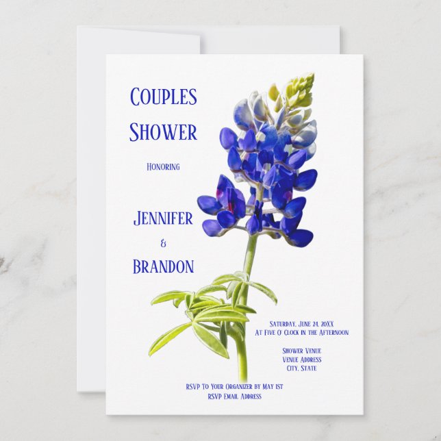 Bluebonnet Floral on White, Wedding Couples Dusche Einladung (Vorderseite)