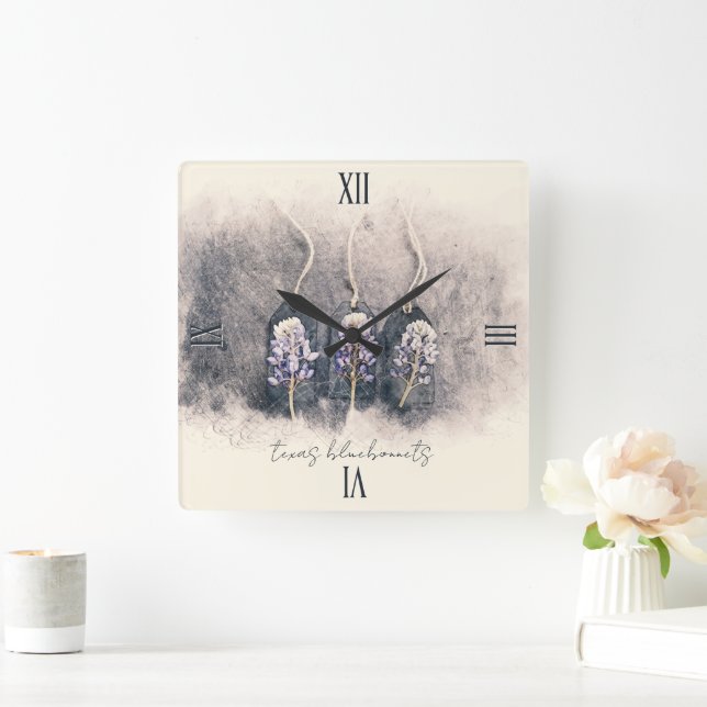 Bluebonnet Trio Wasserfarbe Quadratische Wanduhr (Zuhause)