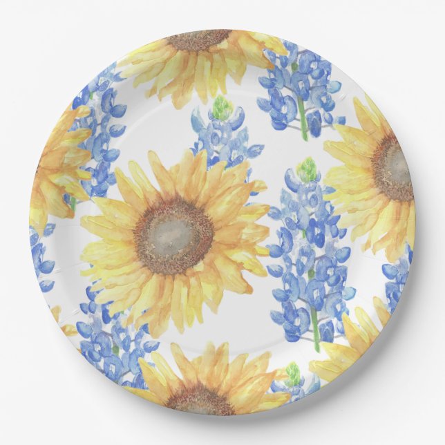 Bluebonnet und Sonnenblumen Pappteller (Vorderseite)
