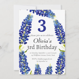 Bluebonnets 3. Geburtstag Blaue Flora Einladung
