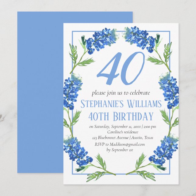 Bluebonnets 40. Geburtstag Blue Floral Texas Einladung (Vorne/Hinten)