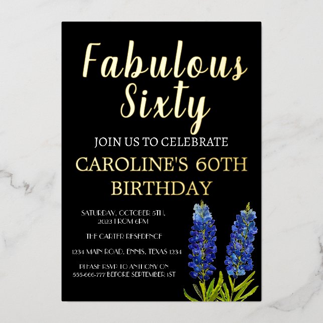 Bluebonnets 60. Geburtstag Blue Gold Chic Glam Folieneinladung (Vorderseite)