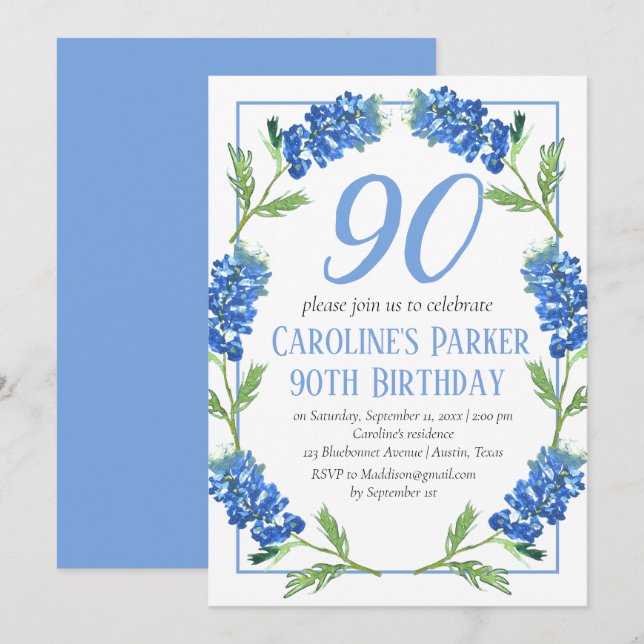 Bluebonnets 90. Geburtstag Blue Floral Texas Einladung (Vorne/Hinten)