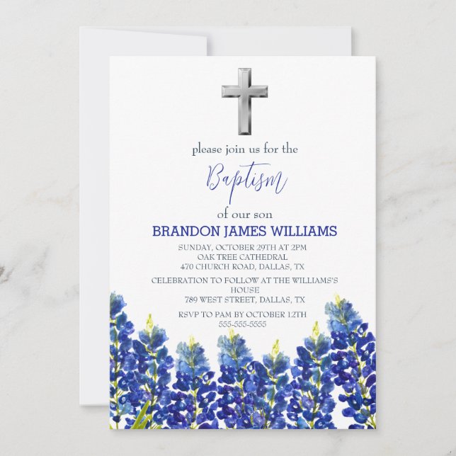 Bluebonnets Bloral Dusty Blue Cross Taufe Einladung (Vorderseite)