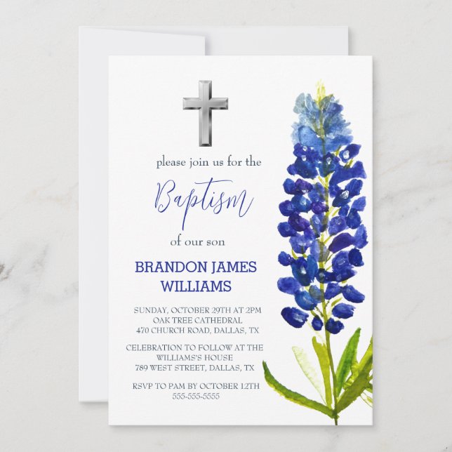 Bluebonnets Bloral Dusty Blue Cross Taufe Einladung (Vorderseite)