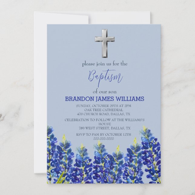 Bluebonnets Bloral Dusty Blue Cross Taufe Einladung (Vorderseite)