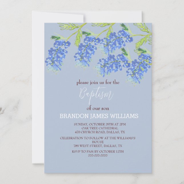 Bluebonnets Bloral Gold Dusty Blue Cross Taufe Einladung (Vorderseite)