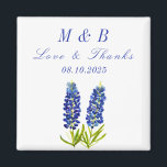 Bluebonnets Bloral Monogram Wedding Danke Magnet<br><div class="desc">Bluebonnets,  Monogramm,  Aquarellblau Blumenzehen Hochzeit Danke Magneten. Texas Staat Blume. Einzigartige,  handgemalte Kunstwerke der Künstlerin Monika Howarth. Sie können es mit Ihren Daten personalisieren.</div>