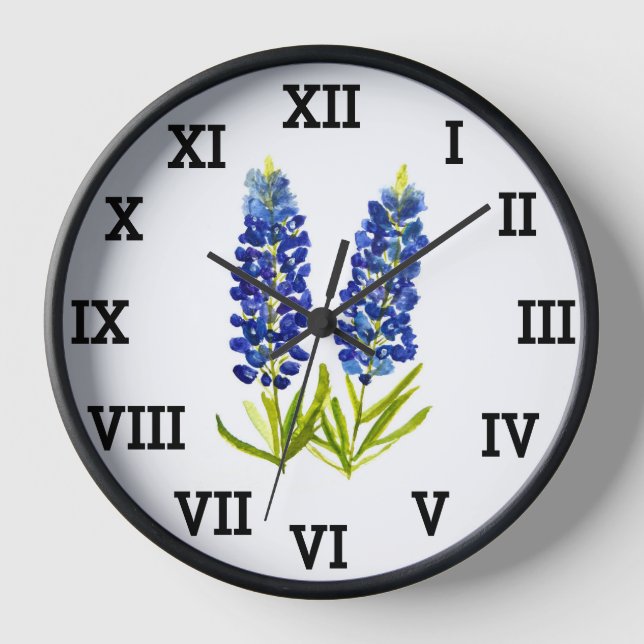 Bluebonnets Blue Floral Watercolor Texas Uhr (Vorderseite)