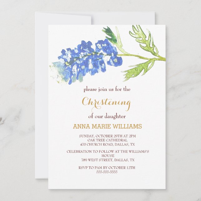 Bluebonnets Blueborgoldene Wildblume Cross Baptiss Einladung (Vorderseite)