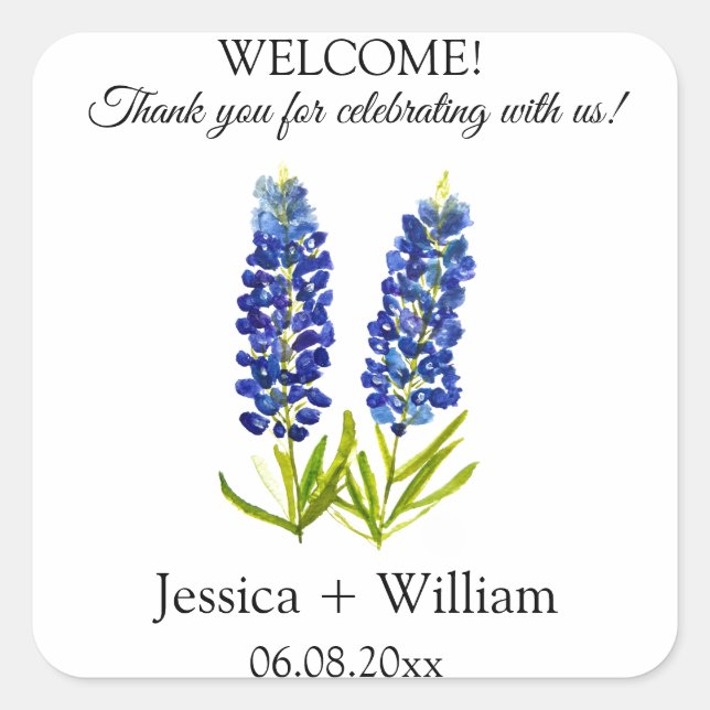 Bluebonnets Braut und Groom Rustikale Moderne Hoch Quadratischer Aufkleber (Vorderseite)