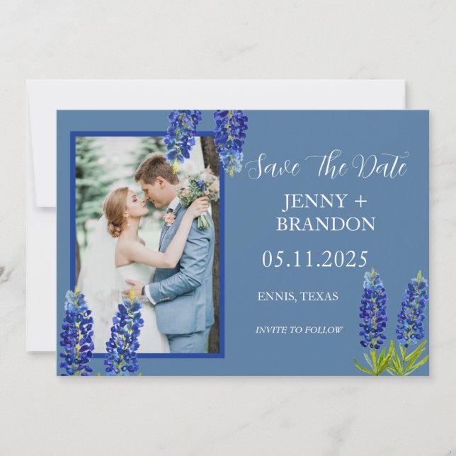 Bluebonnets Elegantes Foto Save The Date (Vorderseite)
