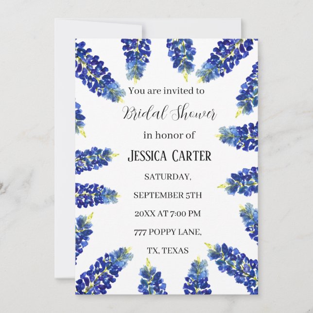 Bluebonnets Floral Watercolor Boho Brautparty Einladung (Vorderseite)