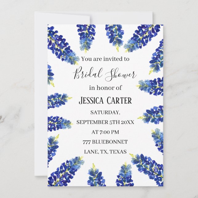 Bluebonnets Floral Watercolor Boho Brautparty Einladung (Vorderseite)