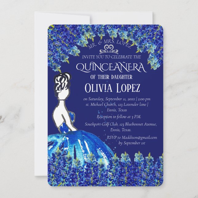 Bluebonnets Quinceañera Blue Floral Geburtstag Einladung (Vorderseite)