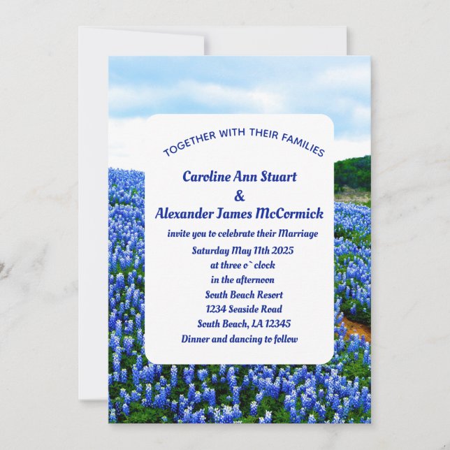 Bluebonnets Texas Blue Floral Elegante Hochzeit Einladung (Vorderseite)