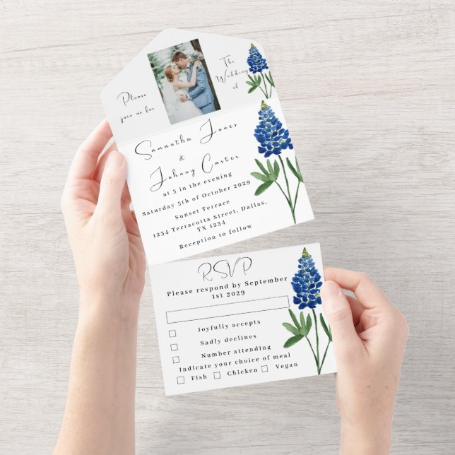 Bluebonnets Texas Blue Floral Foto Wedding All In One Einladung (Abreißen)