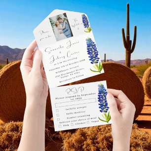 Bluebonnets Texas Blue Floral Foto Wedding All In One Einladung