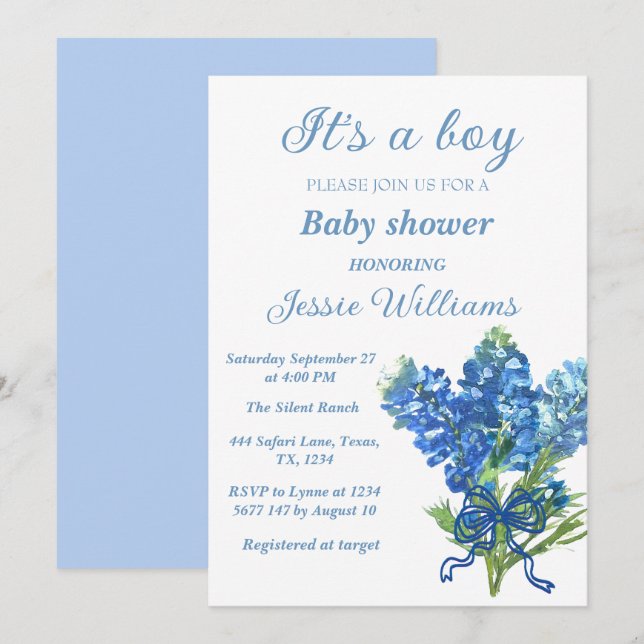Bluebonnets Texas Floral Rustikale Babydusche Einladung (Vorne/Hinten)
