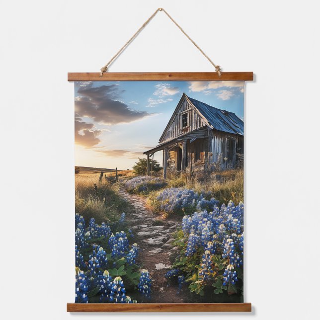 Bluebonnets und alter Stall in Texas Decoupage Wandteppich Mit Holzrahmen (Vorderseite)