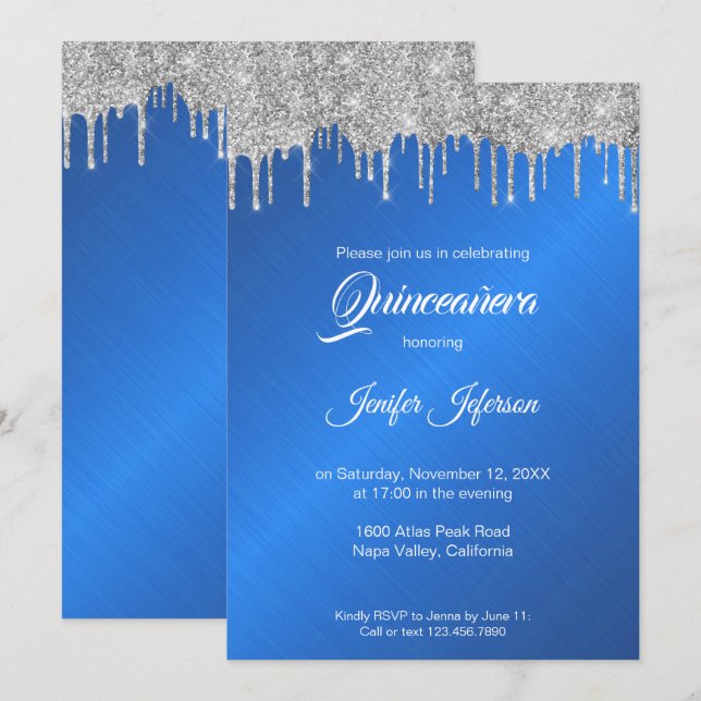 BlueGlitter Silber Tropfen Quinceanera Einladung (Vorne/Hinten)