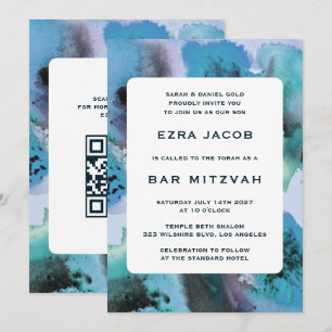 BlueGreen Watercolor Custom QRCode Bar Bat Mitzvah Einladung