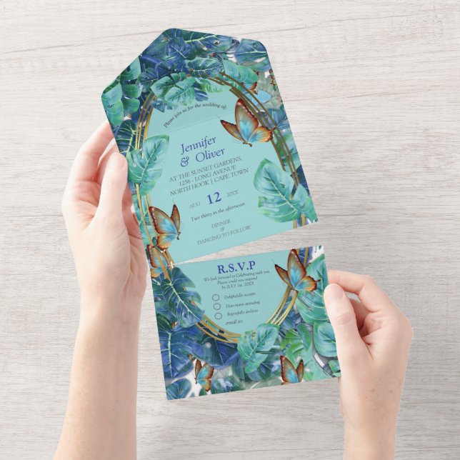 Blueish Turquoise Monstera Blätter & Butterfliegen All In One Einladung (Abreißen)