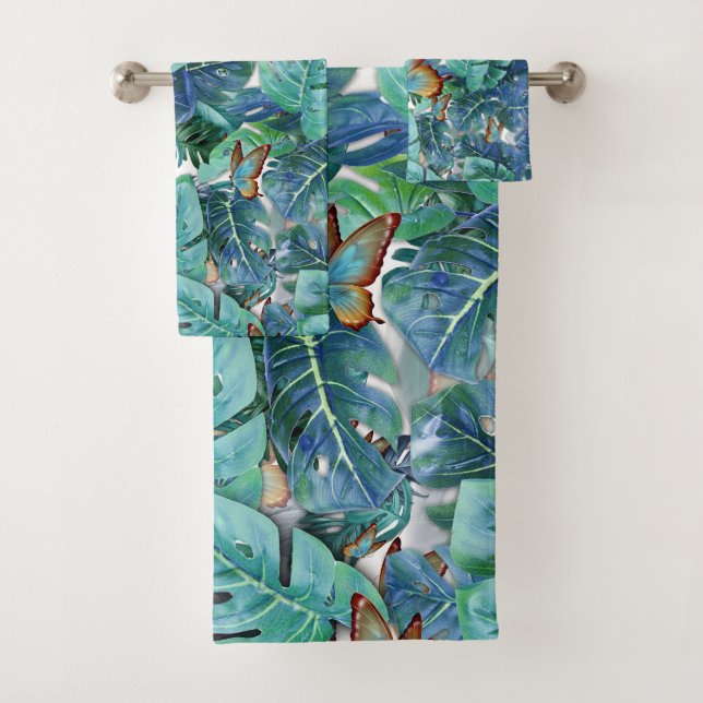 Blueish Turquoise Monstera Blätter & Butterfliegen Badhandtuch Set (Insitu)