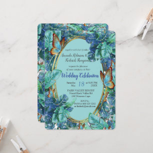 Blueish Turquoise Monstera Blätter & Butterfliegen Einladung