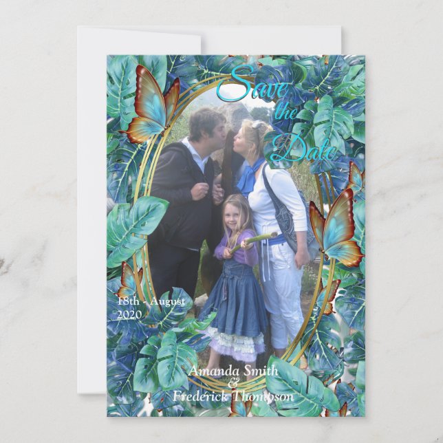 Blueish Turquoise Monstera Blätter & Butterfliegen Einladung (Vorderseite)