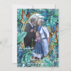 Blueish Turquoise Monstera Blätter & Butterfliegen Einladung