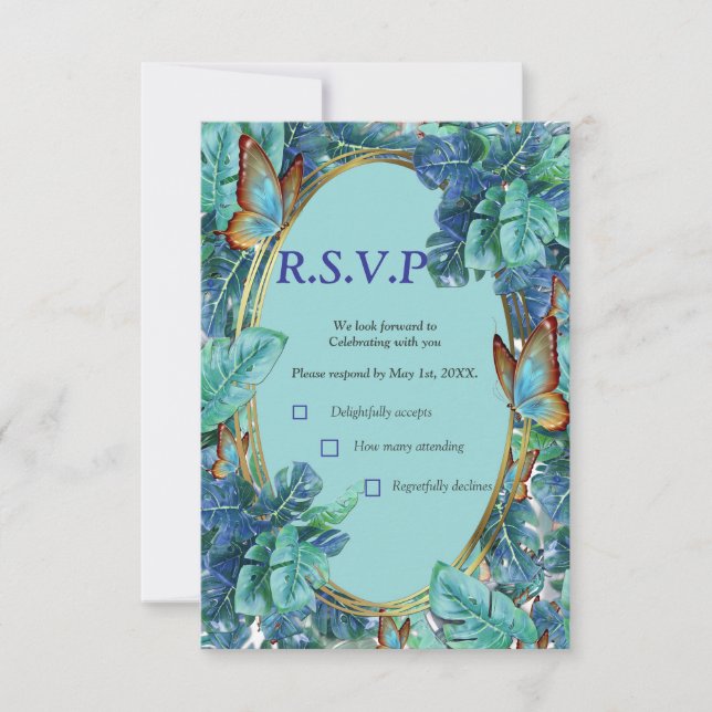 Blueish Turquoise Monstera Blätter & Butterfliegen RSVP Karte (Vorderseite)