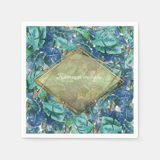 Blueish Turquoise Monstera Blätter & Butterfliegen Serviette (Vorderseite)