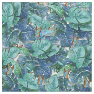 Blueish Turquoise Monstera Blätter & Butterfliegen Stoff