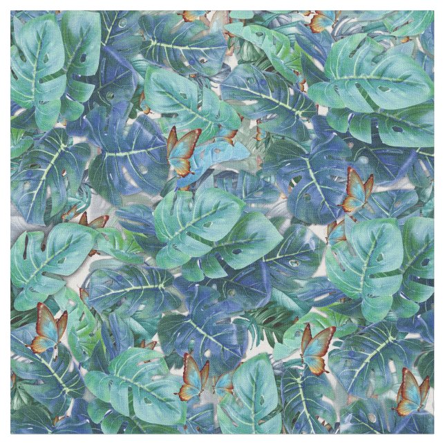 Blueish Turquoise Monstera Blätter & Butterfliegen Stoff (Nahaufnahme)