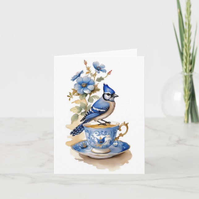 Bluejay auf einem Teacup Karte (Vorderseite)