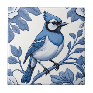 BlueJay Bird Delft Blue & White Asian Floral Jay Fliese