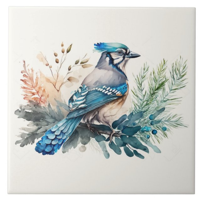 Bluejay in einer Aquarellfarbe Fliese (Vorderseite)