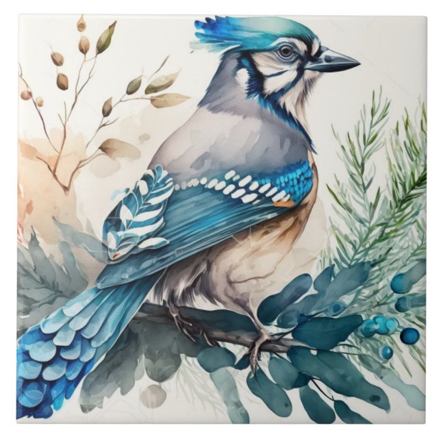 Bluejay in einer Aquarellfarbe Fliese (Vorderseite)