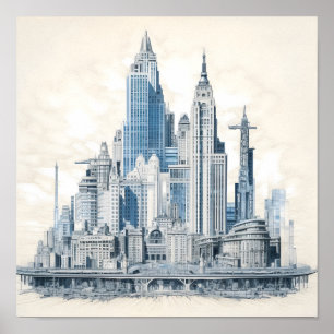 Blueprint Style Design of a City Poster