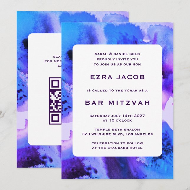 BluePurpl Watercolor Custom QRCode Bar/Bat Mitzvah Einladung (Vorne/Hinten)