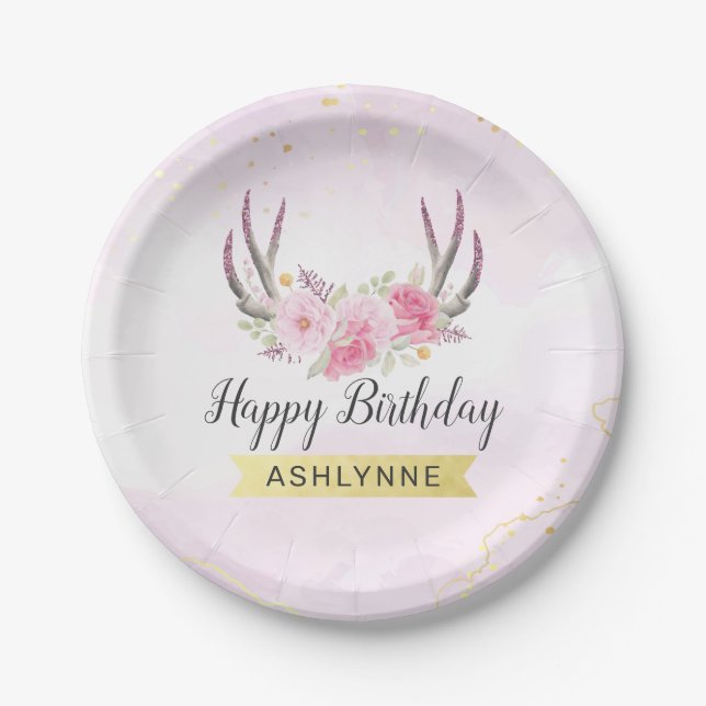 Blues-Antlers Blush Pink & Gold Girl's Birthday Pappteller (Vorderseite)