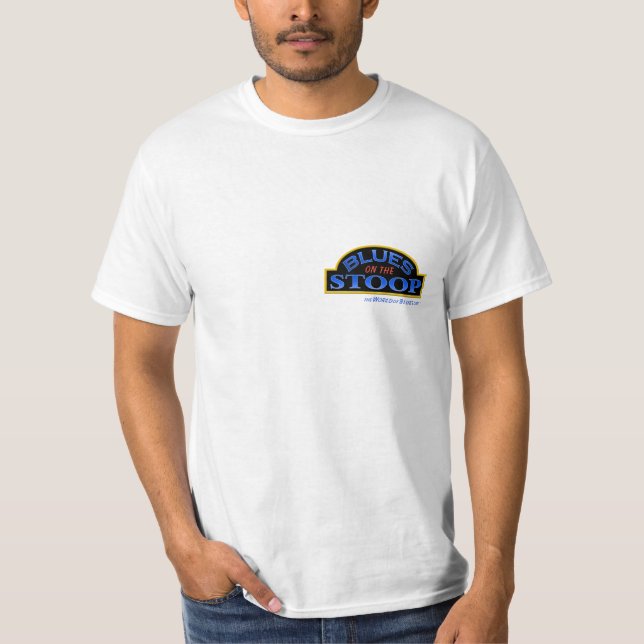 BLUES auf dem weißen Wertt-shirt des STOOP T-Shirt (Vorderseite)