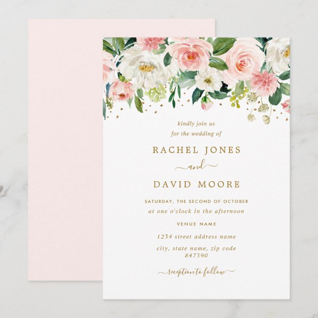 Blues Blush Gold Wedding Einladung (Vorne/Hinten)