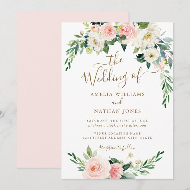 Blues Blush Gold Wreath Wedding Einladung (Vorne/Hinten)