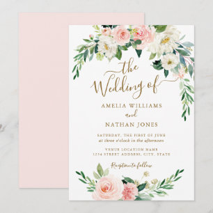 Blues Blush Gold Wreath Wedding Einladung